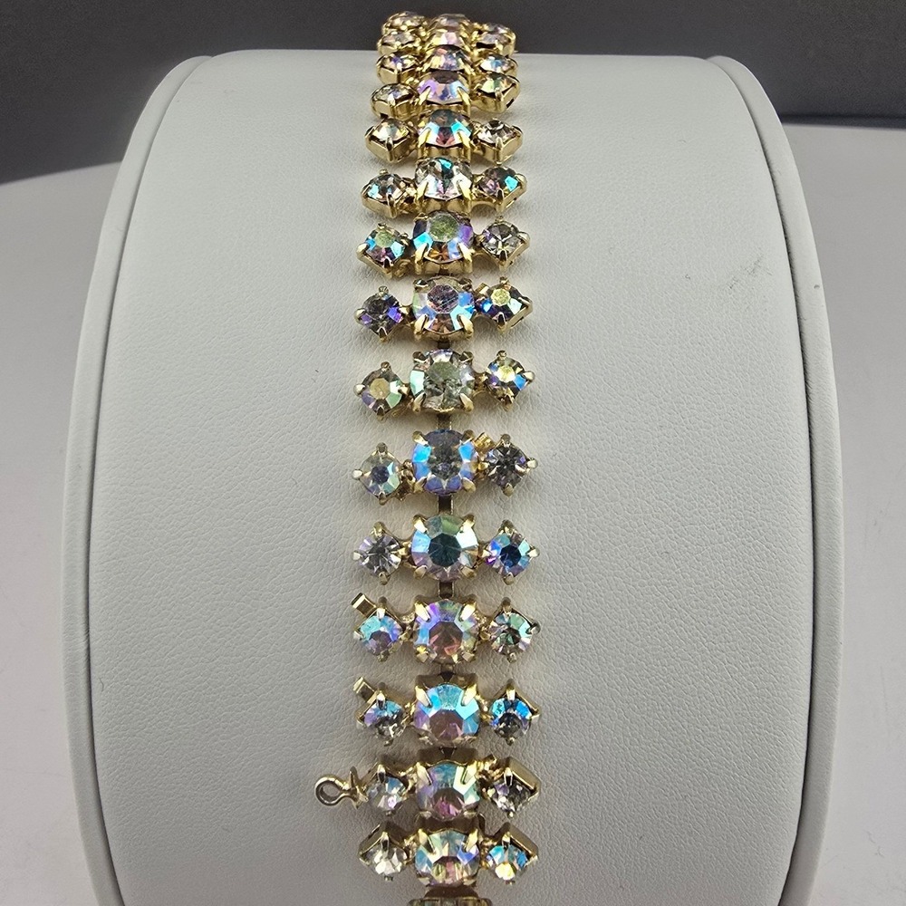 Vintage Estate Bracelet Gold Tone Aurora Borealis Rhinestone Link 7in